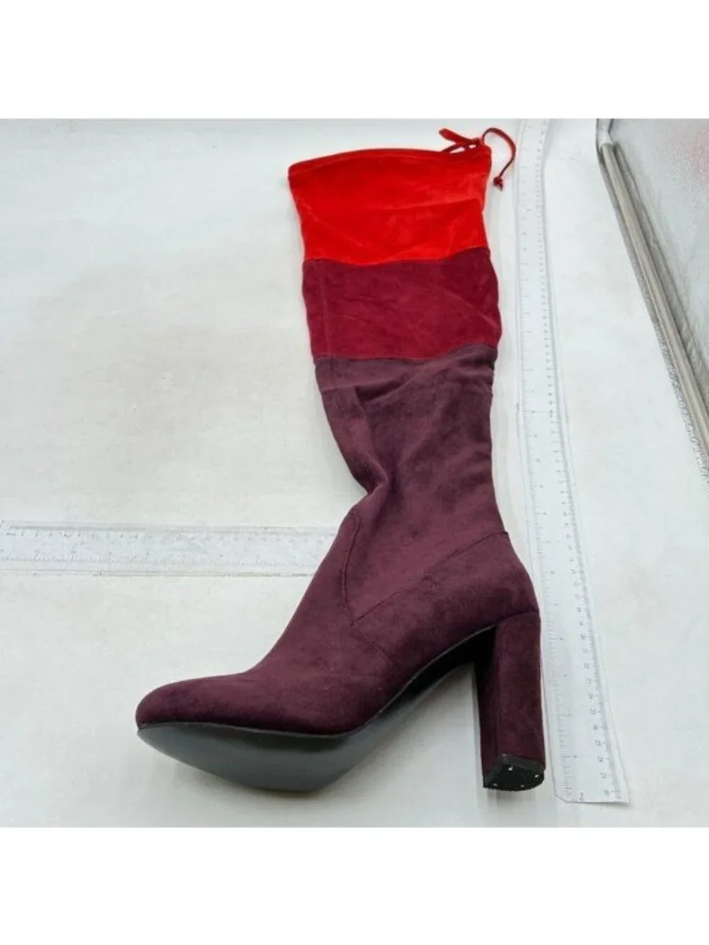 Women Over The Knee Chunky High Heels Stretch Thigh High Zipper Long Boot Red